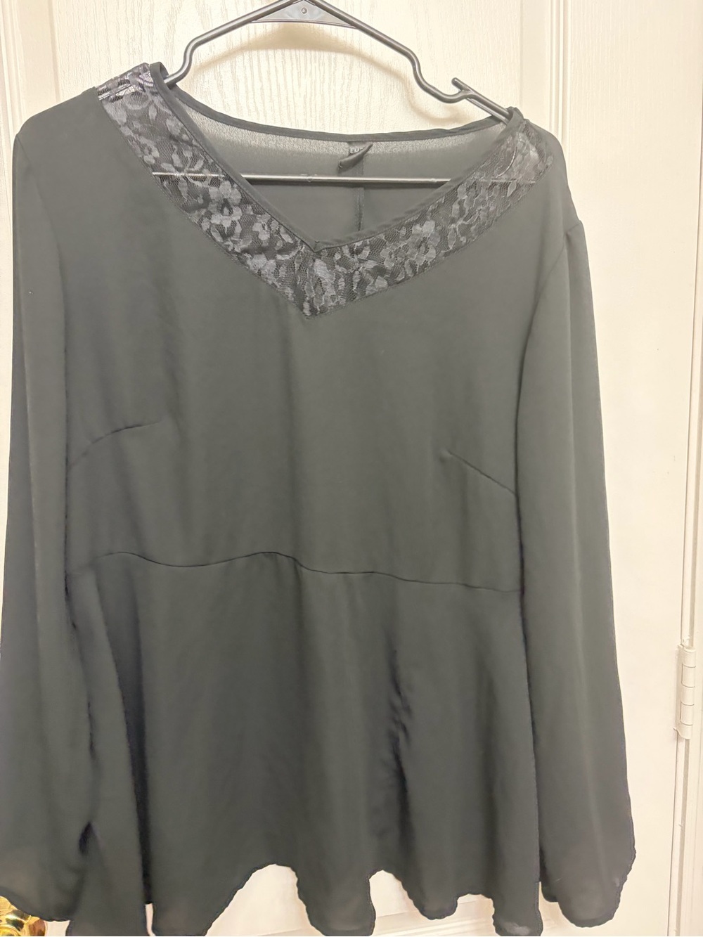 Black Long Sleeve Blouse with Lace V-Neck